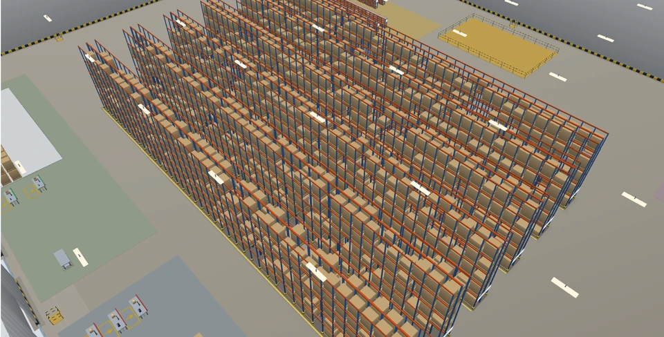 Vista aérea em 3D de um centro de distribuição no BW WMS, com ruas de porta-paletes carregados.